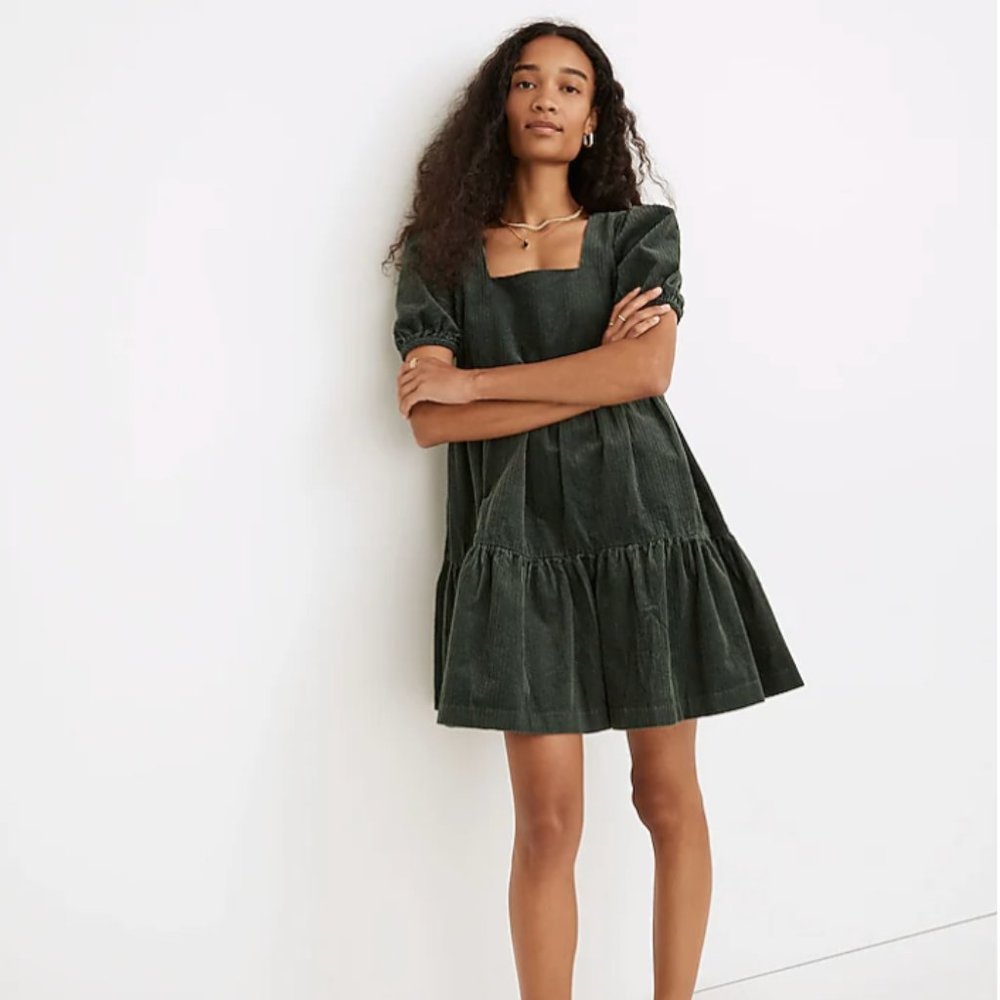 Madewell Size 10 Corduroy Square-neck Tiered mini dress, forrest green